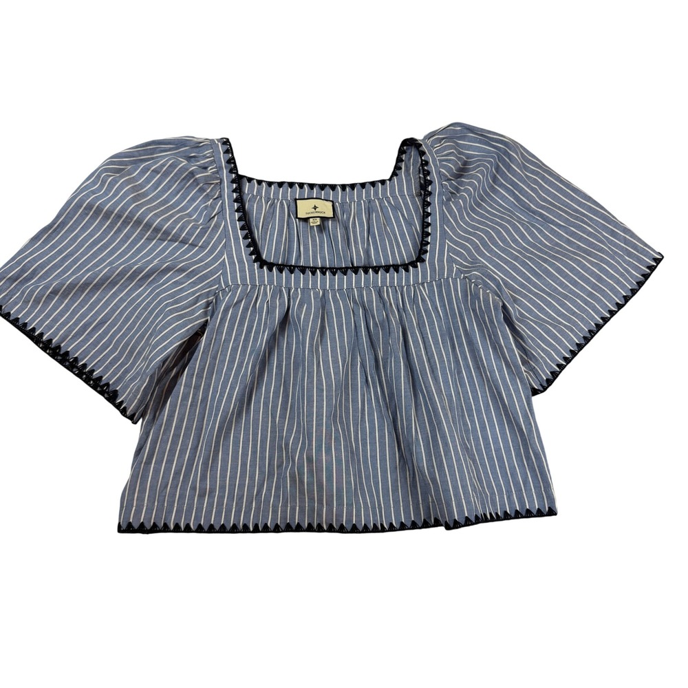 Tuckernuck Blue White Striped Square Neck Blouse Navy Trim XS Y24913T